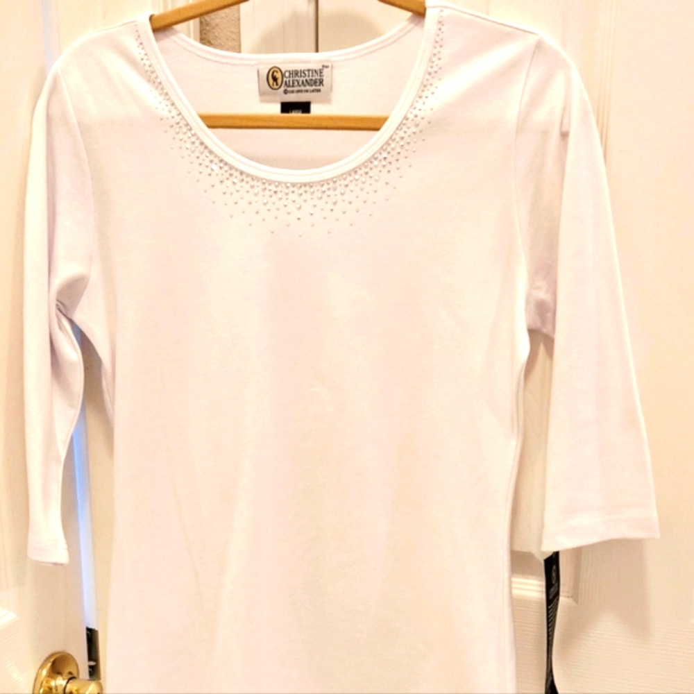 Christine Alexander White Fitted 3/4 Sleeve T-shirt With Swzrovski Elements